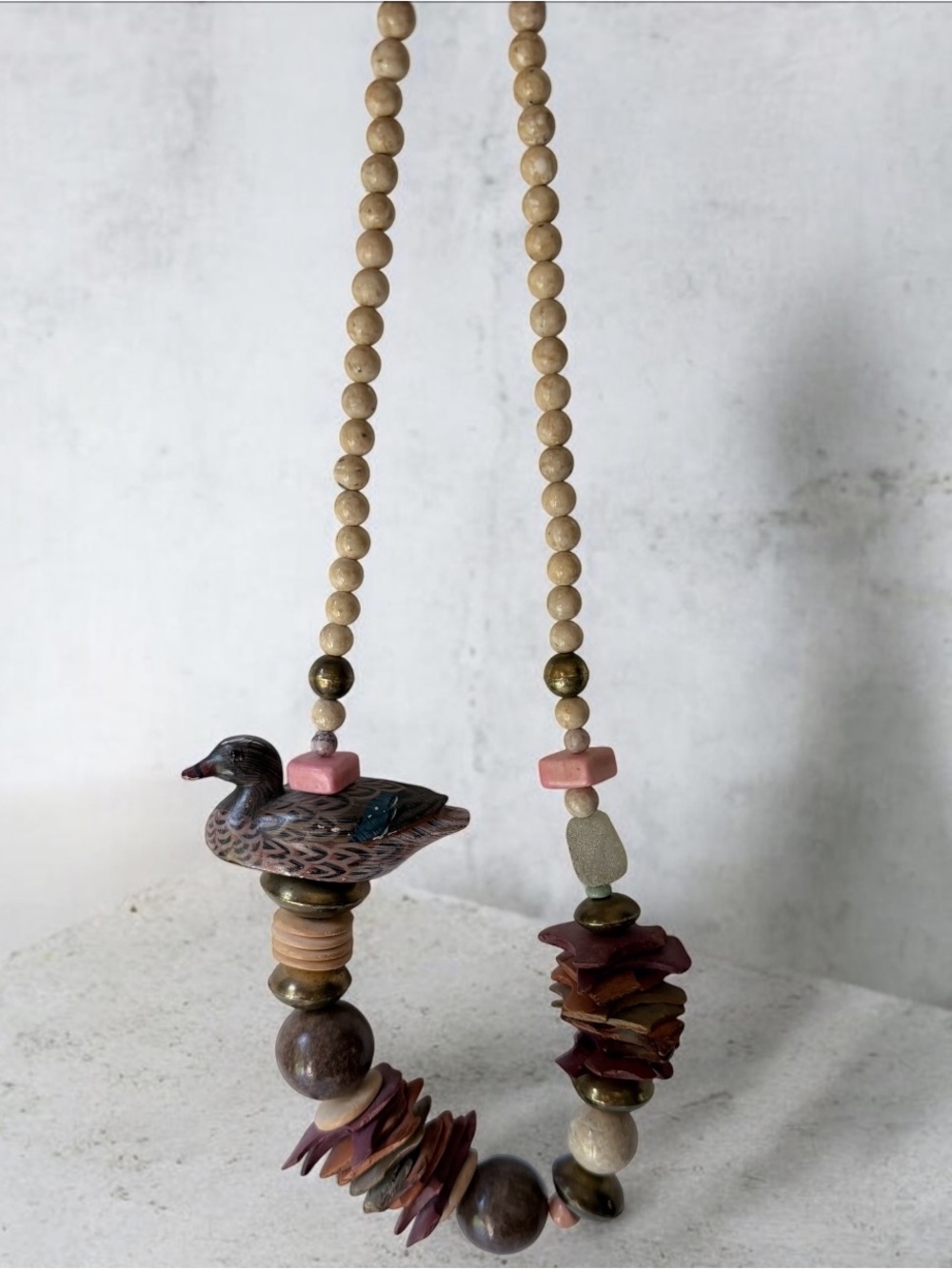 Duck Beaded Statement Necklace in Natural Wood and Pink Tones vintage